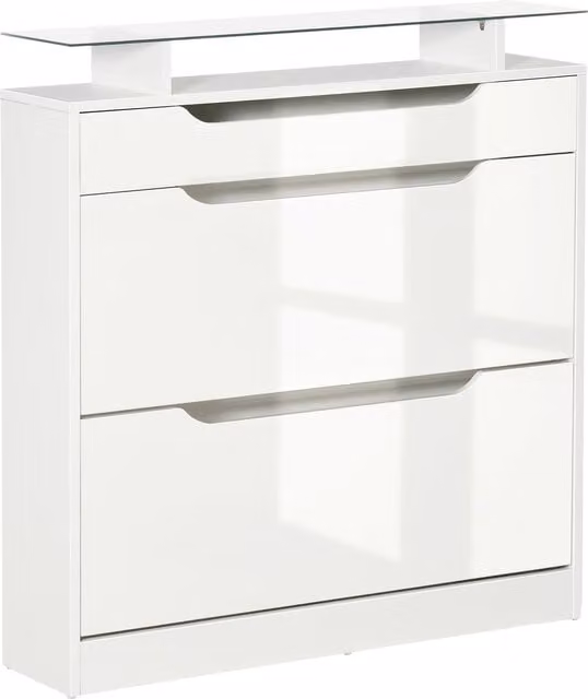 Armadio scarpiera moderna HOMCOM in bianco lucido con 2 cassetti per 16 paia di scarpe, ripiano in vetro e mensole regolabili, L: 89 cm, P: 23 cm, H: 96 cm