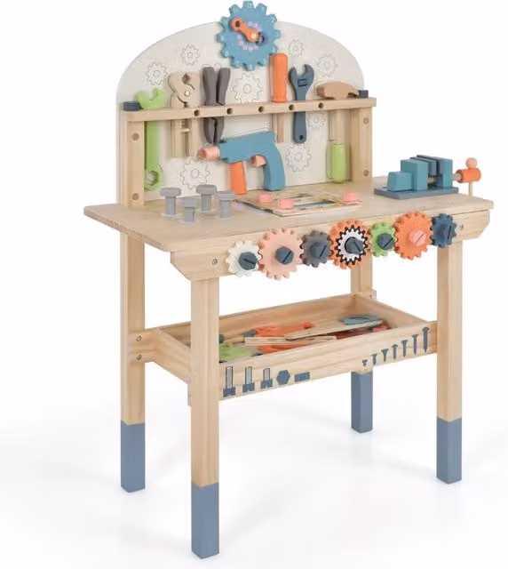 Banco da lavoro in legno per bambini 60 x 30 x 79 cm giocattolo fai-da-te con 8 attrezzi in legno e ripiano portaoggetti multicolore 20_0019987