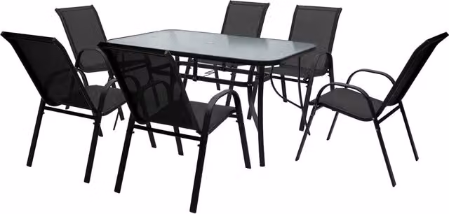 Set Tavolo Sedie Da Giardino 7 Pezzi, Tavolo Da Pranzo Terrazzo In Metallo Piano In Vetro Con Foro Ombrellone 6 Sedia Da Esterno Impilabili Con Schienale Alto,Veranda Nero