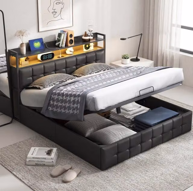 Letto matrimoniale 140x200 cm con contenitore LED USB testiera struttura letto MDF e PU - nero