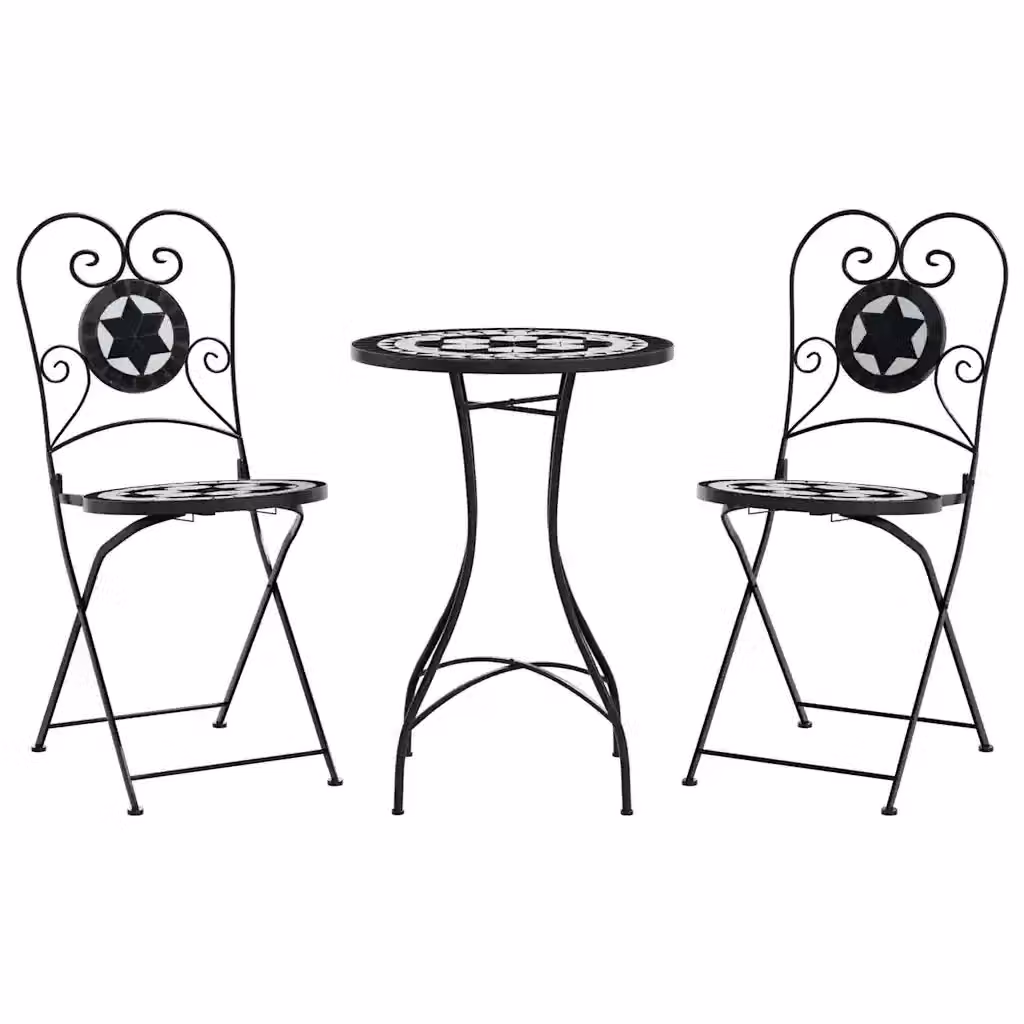 Set da Bistrot vidaXL in Acciaio Verniciato e Ceramica con Mosaico Geometrico Nero e Bianco per Giardino e Balcone – 2