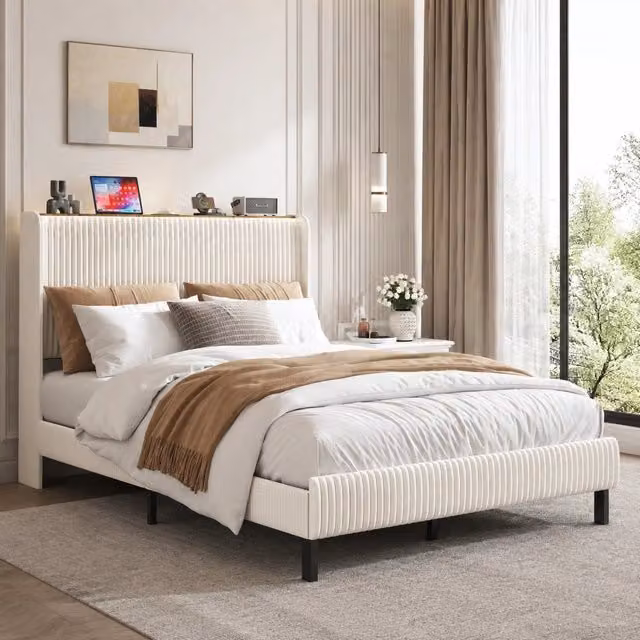 Struttura letto imbottita Mivray con testiera in velluto e rete a 13 doghe in metallo, L/P/H: 140 x 200 cm, beige e crema