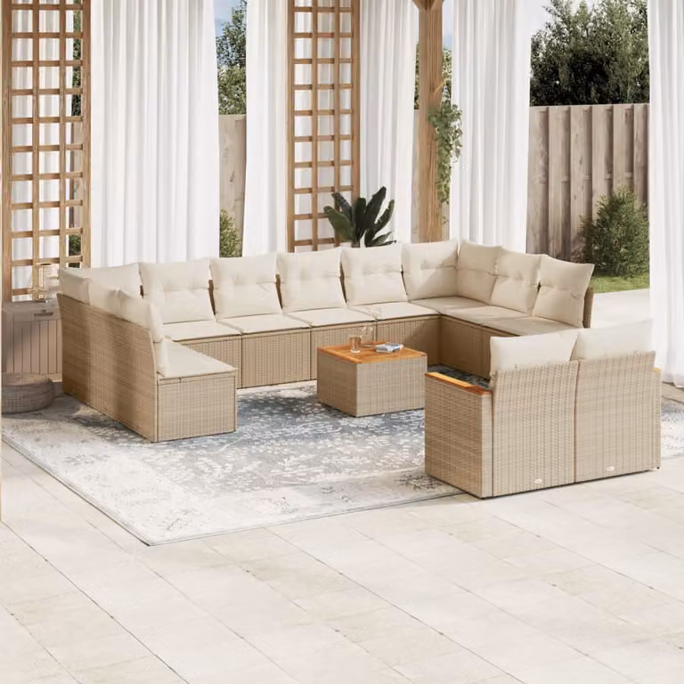 Set Divano da Giardino vidaXL 13 pz a Forma a L con Cuscini Beige e Tavolino, Struttura in Metallo e Polyrattan per Terrazza e Giardino
