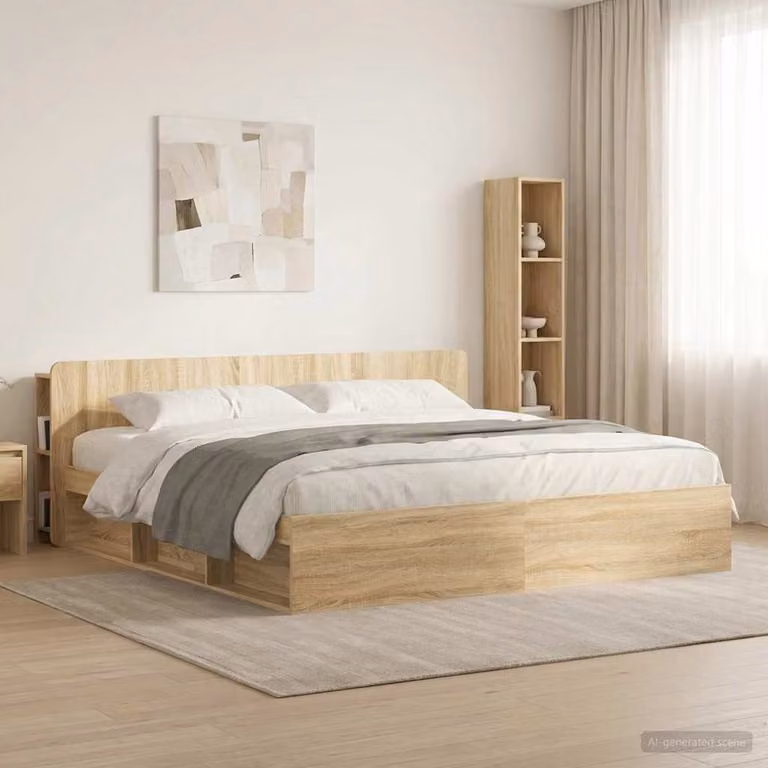 Testata del letto moderna vidaXL in legno ingegnerizzato Rovere Sonoma con ripiano integrato e scomparti laterali, colore marrone/beige, L: 193,5 cm x H: 80 cm x P: 18,5 cm