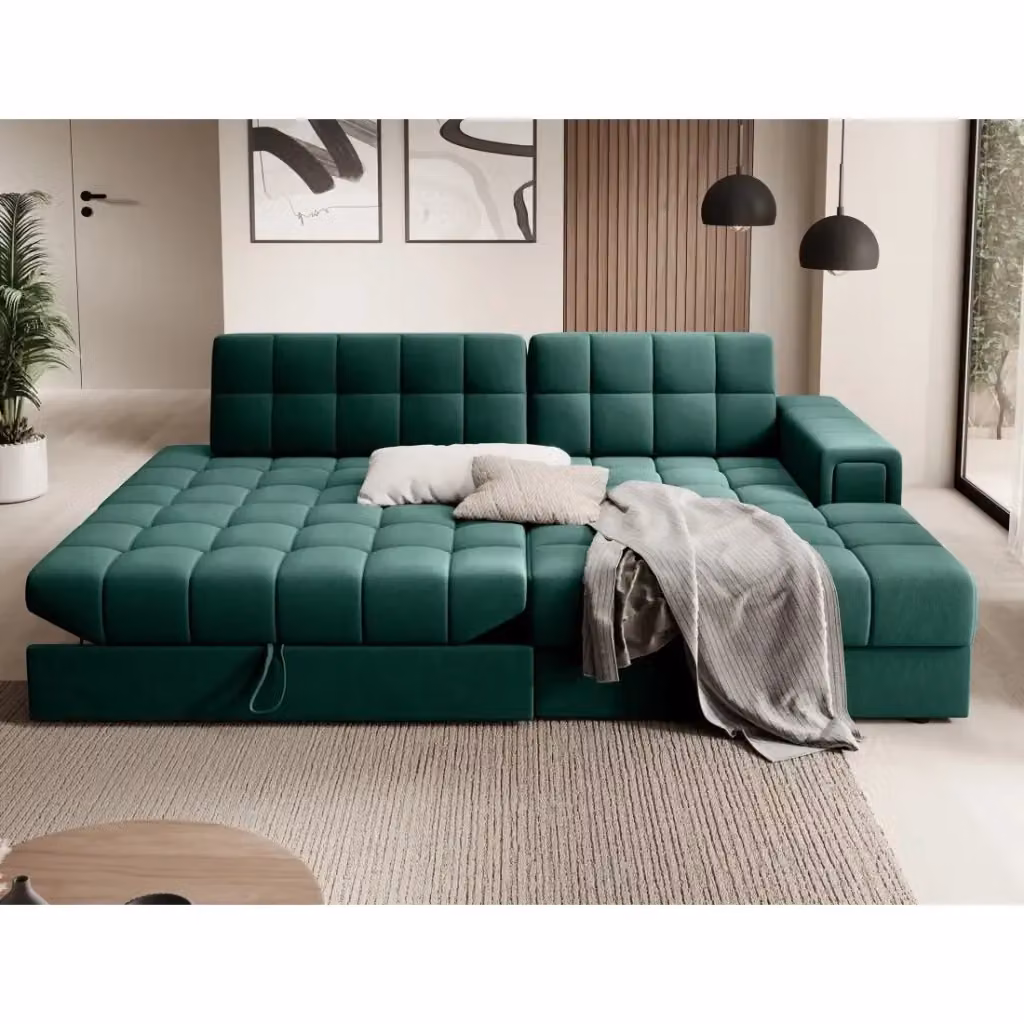 Divano angolare trasformabile CUBITO Meublorama verde con contenitore e letto L/P/H: 240 x 150 x 82 cm – 2