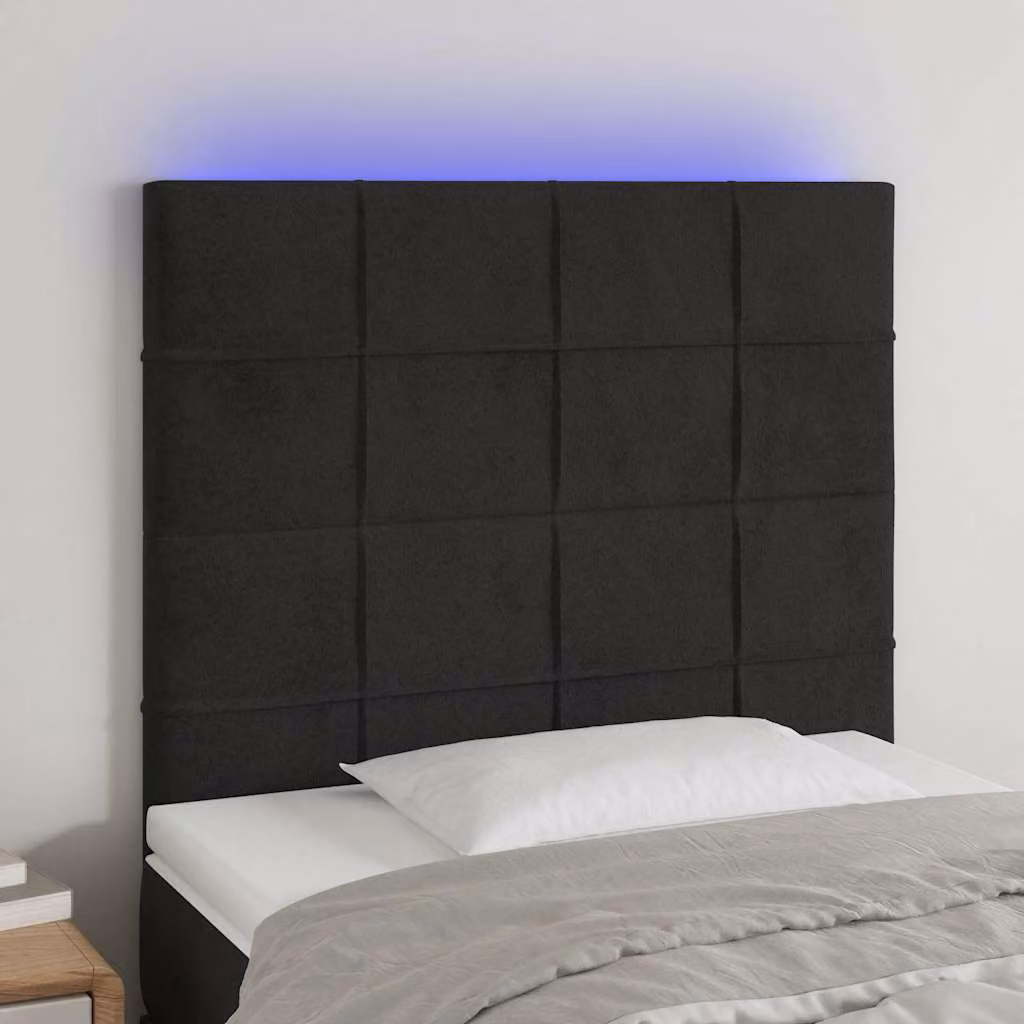 Testiera per letto vidaXL in velluto nero con illuminazione LED integrata e porta di ricarica USB, L 100 cm, P 5 cm, H 118-128 cm