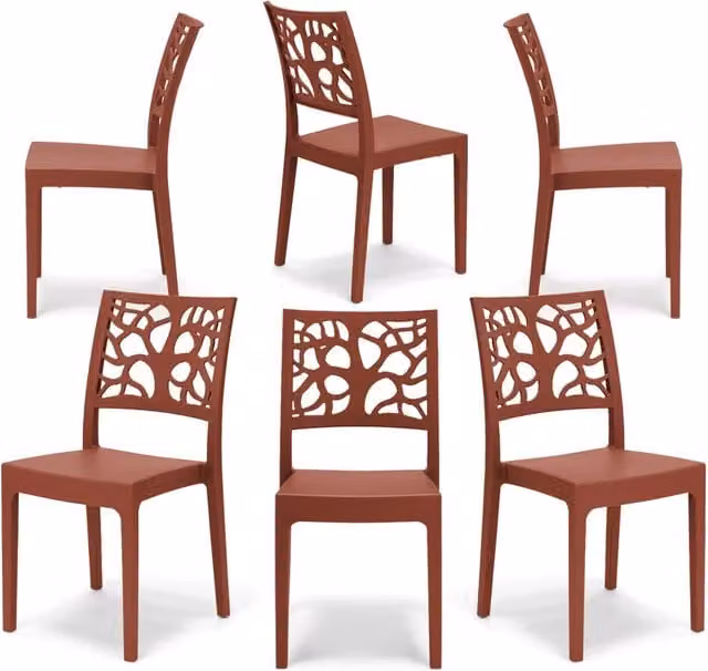 Set 6 sedie in polipropilene TETI, impilabile, resistente ai raggi UV, design moderno, ideale per sala da pranzo, cucina, sala d’attesa, bar, ristoranti o giardino, colore Mattone