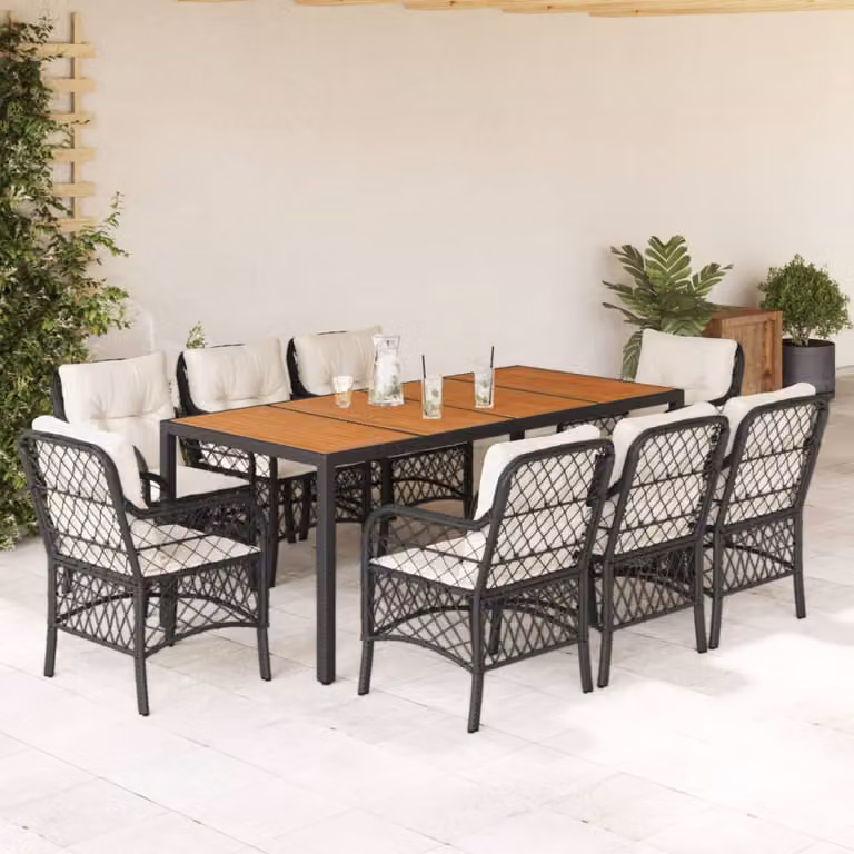 Set da Pranzo da Giardino vidaXL in Polyrattan e Legno di Acacia con 9 Pezzi e Cuscini Nero, Beige e Bianco