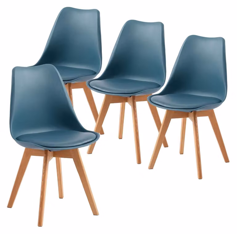 Set di 4 sedie da pranzo, con seduta imbottita in ecopelle, gambe in legno di faggio, colore blu scuro, ideali per la sala da pranzo