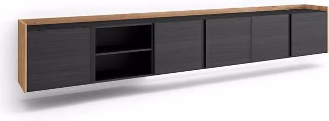 Mobile TV Soggiorno, 309x50x35 cm, Per TV fino a 80", Sospeso, da appendere, LED, Nero e rovere