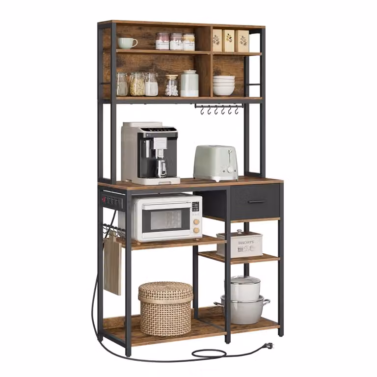 Scaffale Cucina con Multipresa, Marrone Vintage + Nero Inchiostro / 100l cm