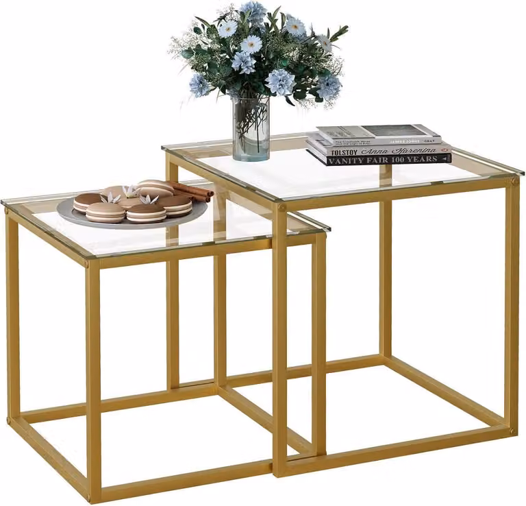 Set di 2 tavolini quadrati in vetro oro 50/45 cm