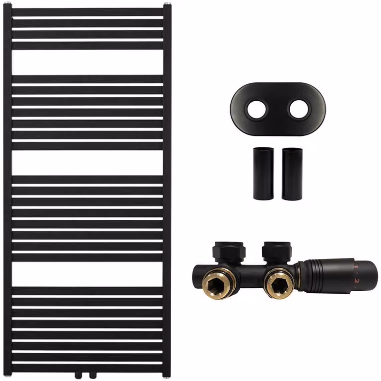Kit radiatore per bagno Vincenzo - riscaldamento centralizzato - attacco centrale da 50 mm - 600W - nero opaco - 1340x600 mm