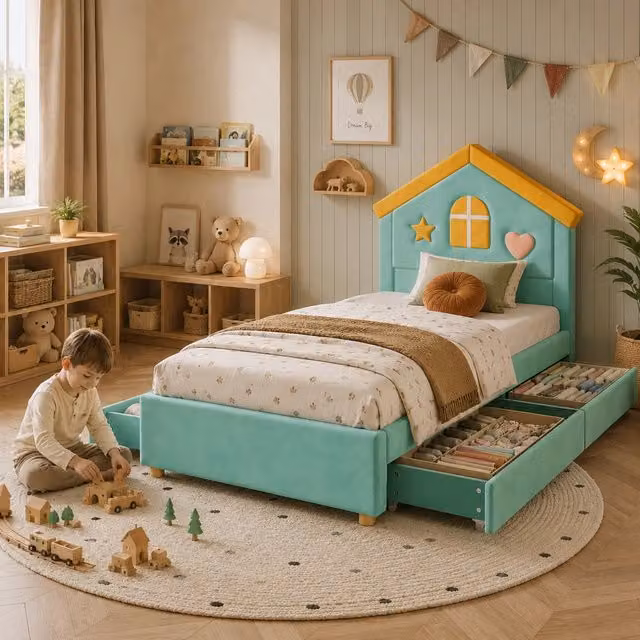 Letto per bambini 90 × 200 cm con 4 cassetti e testiera a casetta imbottita, senza materasso, in velluto blu verde