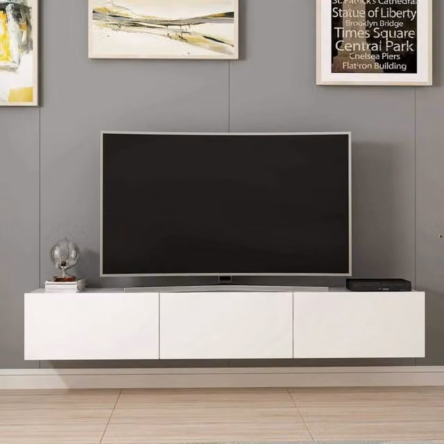 Mobile porta TV Barzago DMORA in legno bianco con un ripiano, stile moderno, L 180 cm x P 32 cm x H 30 cm