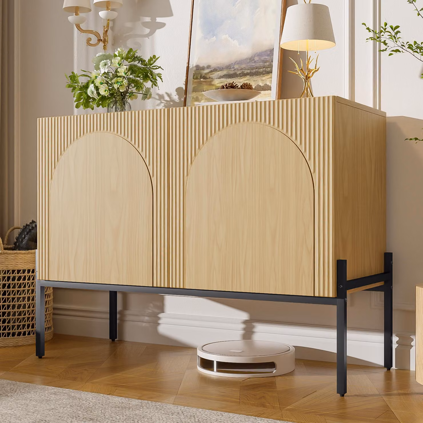 Mobile contenitore laterale Merax con 2 ante, credenza con gambe in metallo, mobile buffet con design ad arco, armadio contenitore per soggiorno, sala da pranzo o ingresso, finitura naturale