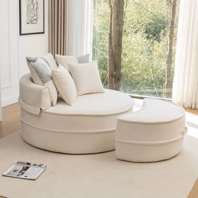 Poltrona da lettura rotonda MIVRAY con ottomana in ciniglia beige e 5 cuscini imbottiti in schiuma