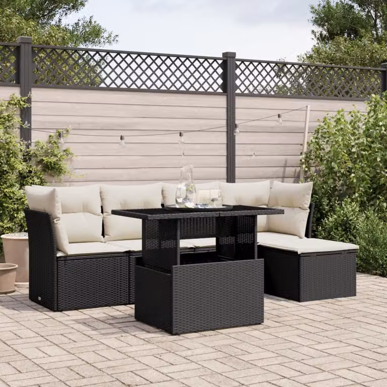 vidaXL Set Divano da Giardino a L 6 pz con Cuscini e Tavolino Nero in Polyrattan e Acciaio