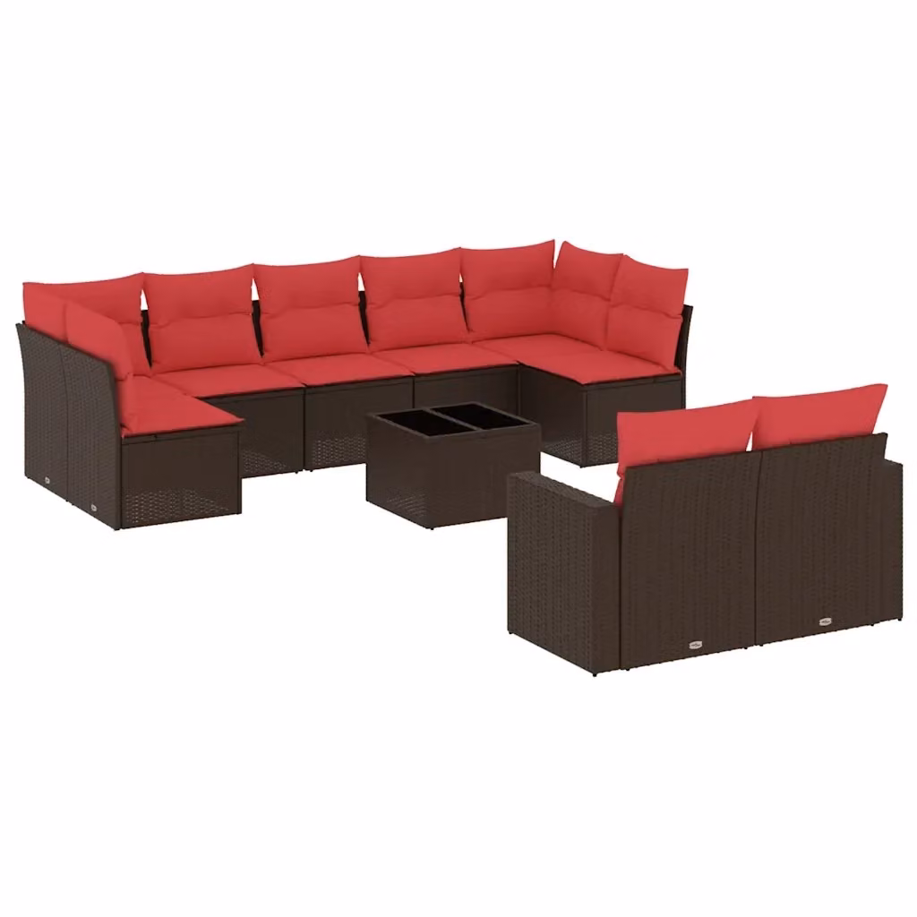 Set di divani da giardino vidaXL in polyrattan marrone con cuscini e tavolino da esterno a forma di L – 2