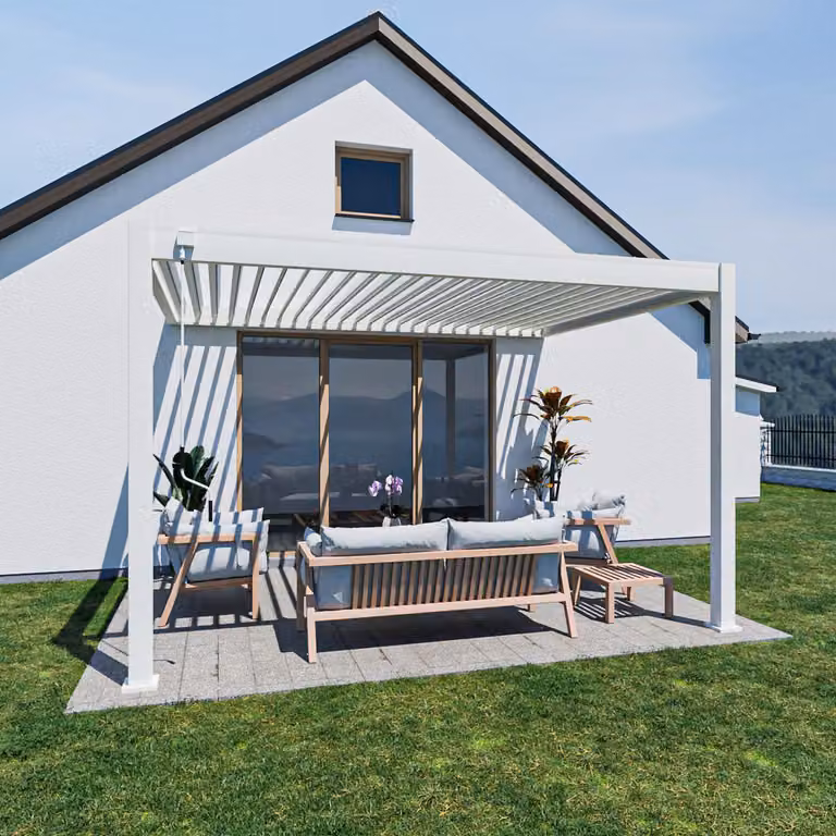 Pergola da parete Weide Deluxe interamente in alluminio, 3x4 m, con tetto a lamelle bianco