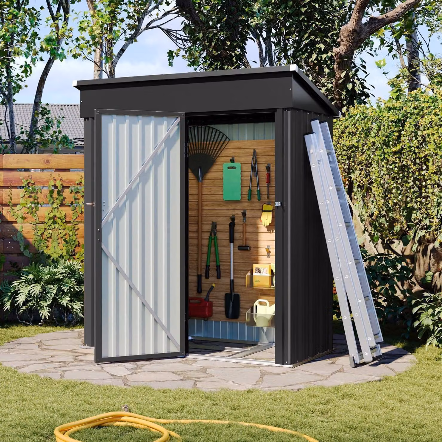 Capanno per attrezzi in metallo, dimensioni 150x91x185 cm, tetto a falda, con sistema di ventilazione, porta con serratura, colore nero