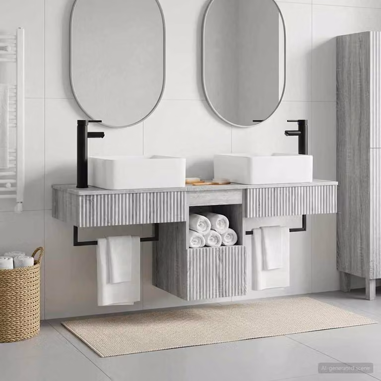 Set di mobili per il bagno moderno vidaXL in 3 pezzi, colore grigio, con vanità e cassetti, montaggio a parete