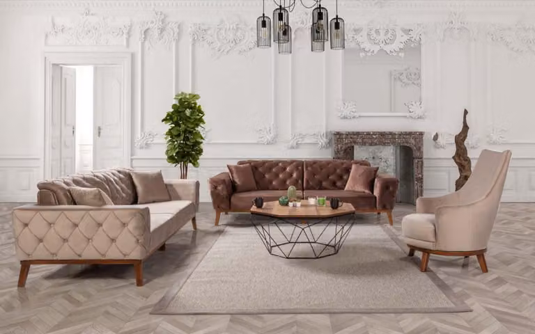 Sofagarnitur Sofa 3+3+1 Sitz Wohnzimmer Braun Sessel Stoff Chesterfield Samt