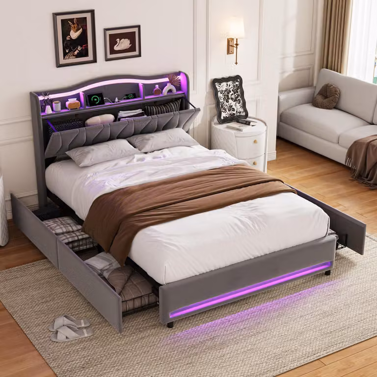 Letto imbottito INONEFT 160x200 con cassetto contenitore, letto matrimoniale con LED e USB, letto per ragazzi, struttura letto con rete a doghe, letto contenitore, velluto, grigio