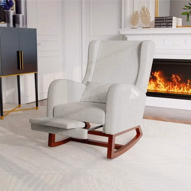 Sedia a Dondolo con Poggiapiedi Estensibile e Schienale Alto; Poltrona Relax in Lino; Gamba in Legno Massello; Sedia di Lettura; Grigio