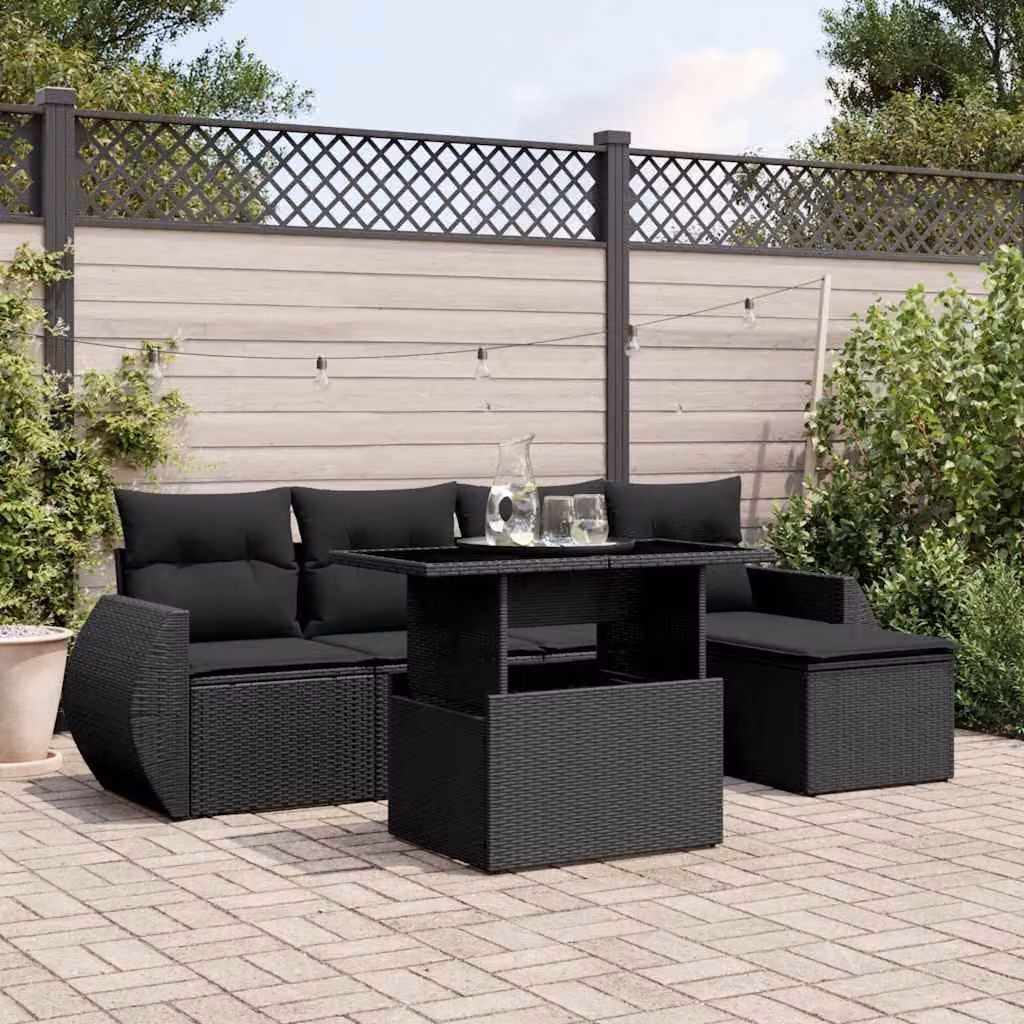 vidaXL Set Divano da Giardino a L in Polyrattan Nero con Cuscini e Tavolino da 6 Pezzi – 1