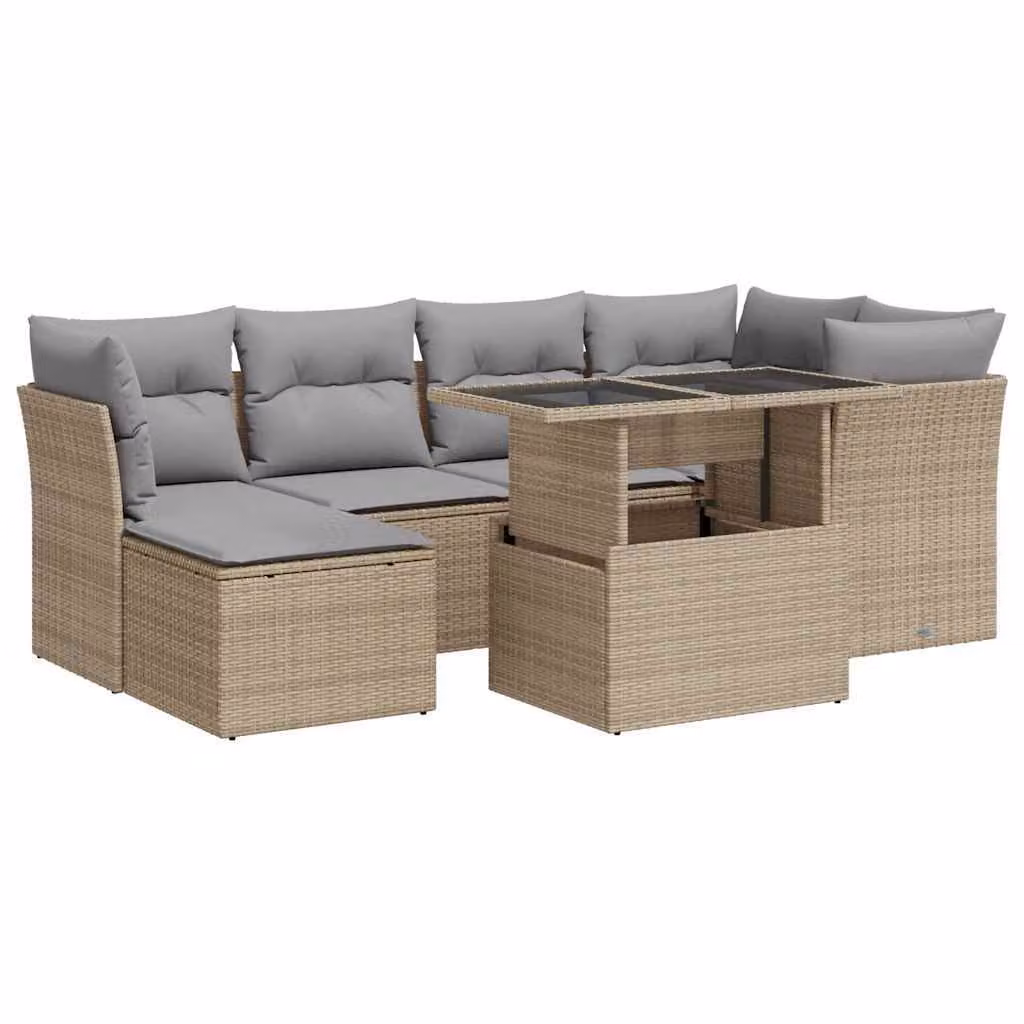 Set Divani da Giardino 7 pz con Cuscini Beige in Polyrattan
