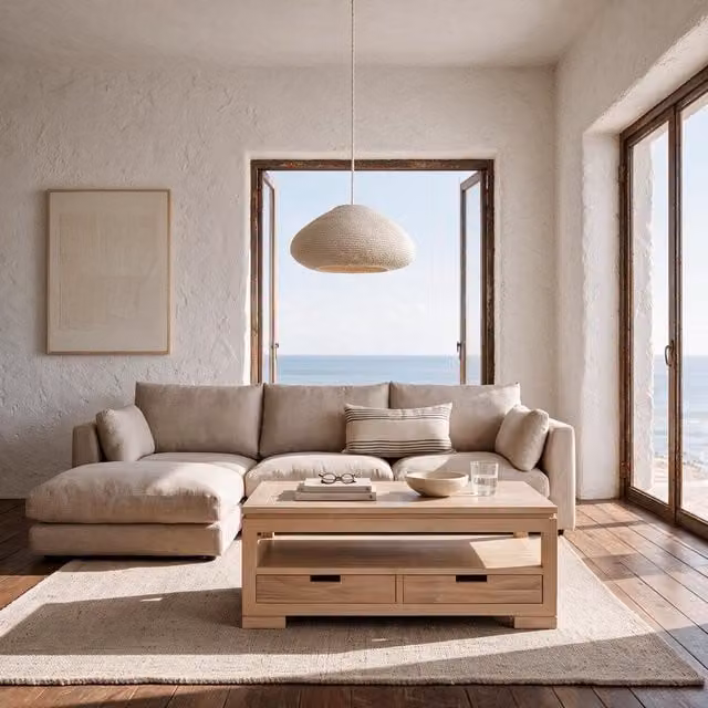 Tavolo da centro Jil Banak in massello di acacia regolabile in altezza color naturale beige e marrone