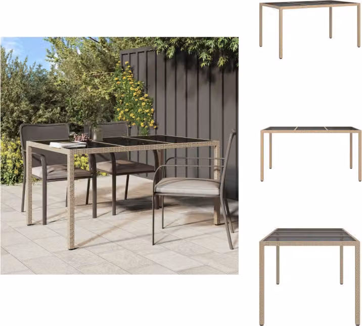 vidaXL Tavolo da giardino 150x90x75 cm Vetro temperato Poli rattan Beige - Tavoli da giardino