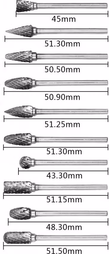 Set di frese di alta qualità, carburo di tungsteno (10 pezzi, gambo 3 mm)