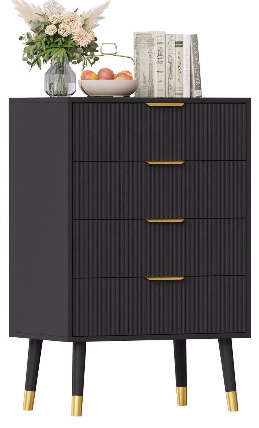 Comodino con 4 cassetti, dimensioni 89x39x60 cm, design nero con motivo a righe