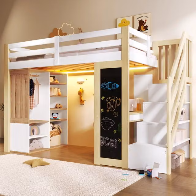 Letto a soppalco MIVRAY bianco con scrivania, armadio, scaffali, scala contenitore, lavagna e illuminazione LED, dimensioni 90 x 200 cm