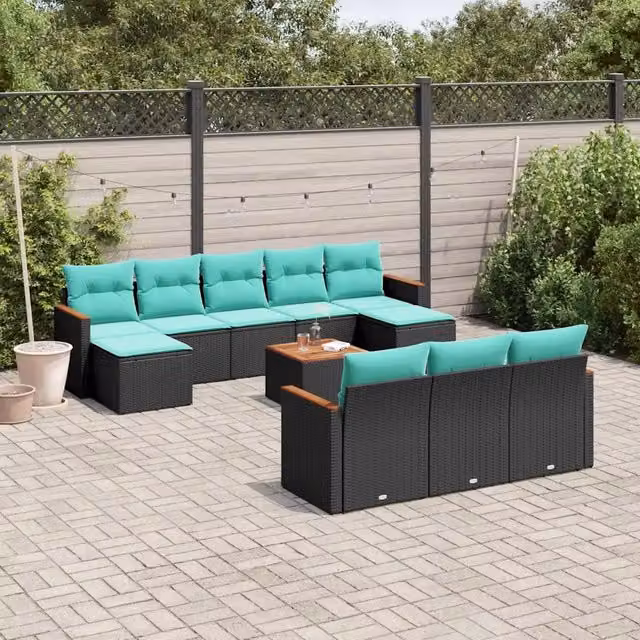 Set di Divani da Giardino a L vidaXL in Polyrattan con Cuscini e Tavolino, 11 Pezzi, Colore Nero, Blu e Turchese