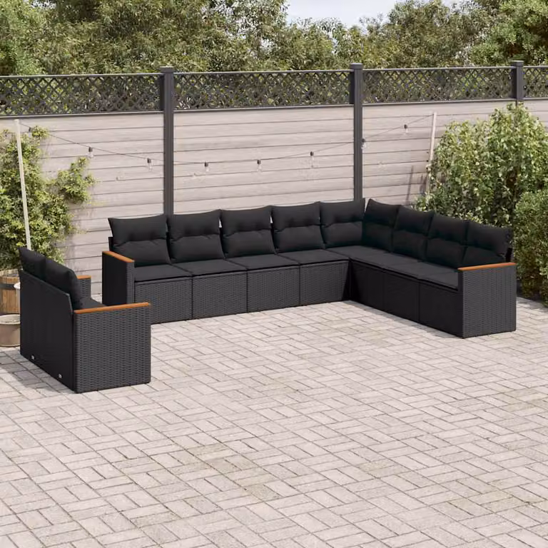 Set di Divani da Giardino vidaXL 10 Pezzi in Polyrattan Nero con Cuscini Imbottiti e Rivestimenti Rimovibili