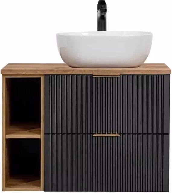 Insieme mobile sottolavabo NOXERA 80 cm – Nero opaco e quercia – 2 cassetti + 2 nicchie + lavabo