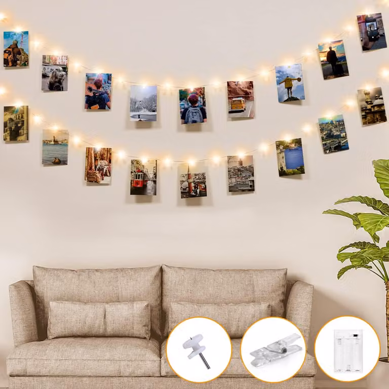 Catena luminosa a LED con 50 luci, lunghezza 5 metri, con clip, luce bianco caldo