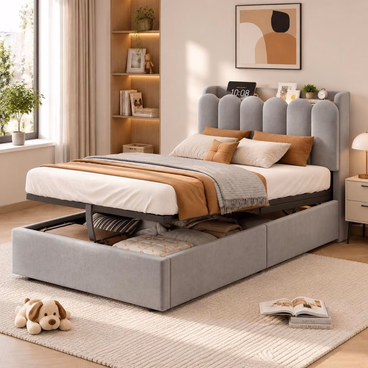Letto imbottito Merax 90x200 cm con meccanismo a sollevamento idraulico, letto singolo con rete a doghe, lampada da lettura, stazione di ricarica USB e di tipo C, spazio contenitore, rivestito in velluto, colore grigio
