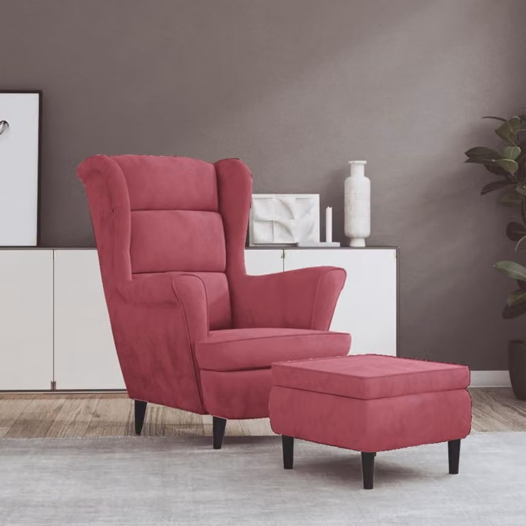 The Living Store sedia ad ala con poggiapiedi in velluto rosso vino