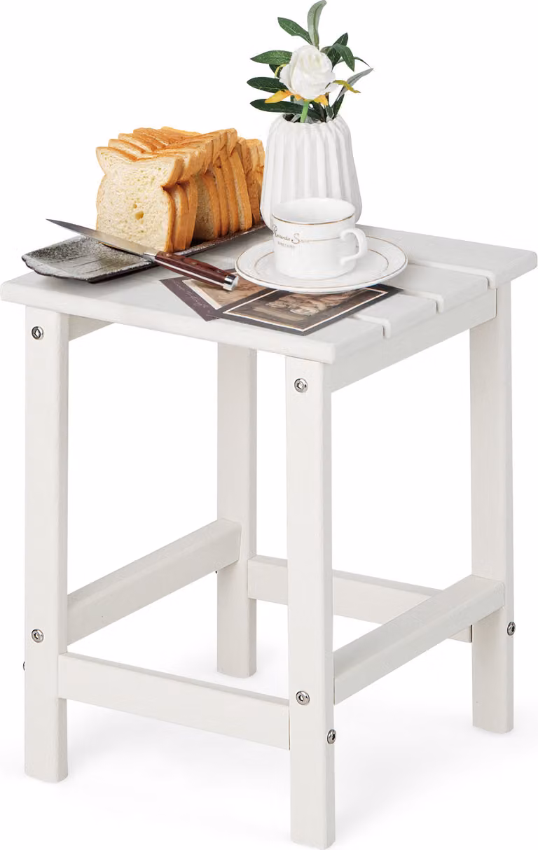 Tavolino COSTWAY, tavolino da giardino in plastica resistente ai raggi UV, tavolino da balcone, resistente alle intemperie, per patio, balcone, giardino, 35,5 x 35,5 x 46,5 cm, bianco