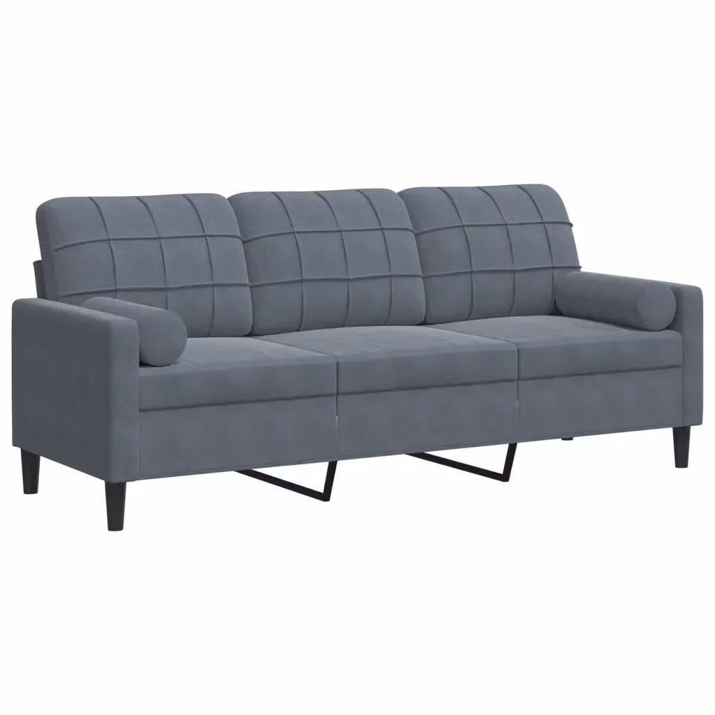 vidaXL Divano a 3 Posti Moderno in Velluto Grigio con Cuscini e Coperture Rimovibili L: 197 cm, P: 80 cm, H: 77 cm – 2