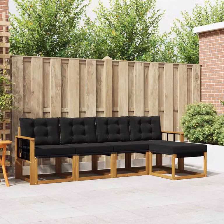 vidaXL Set di divani da esterno a L con pouf in legno di acacia e tessuto textilene, Marrone e Nero