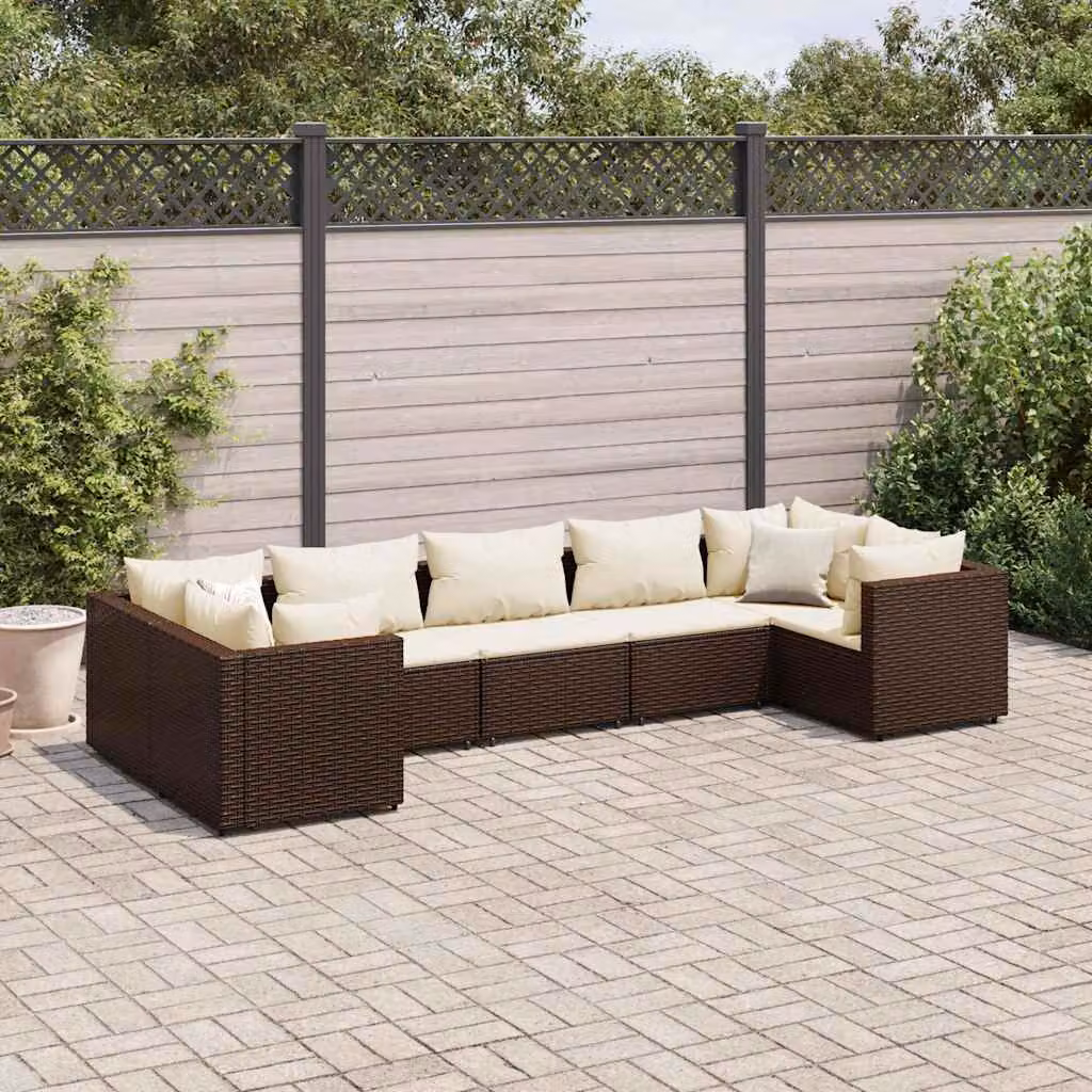 vidaXL Set Divani da Giardino 7 pz a Forma a L con Cuscini in Polyrattan e Telaio in Metallo, Marrone e Bianco – 1