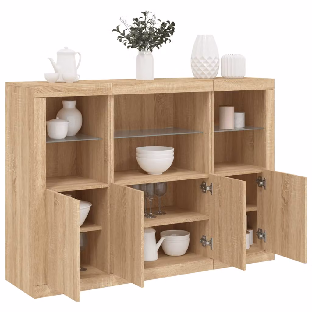 Set di 3 credenze moderne vidaXL con luci LED integrate in legno color rovere marrone opaco