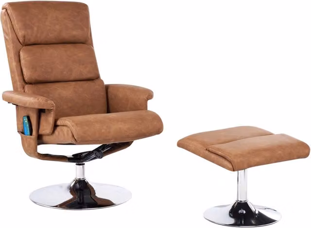 Poltrona reclinabile marrone con poggiapiedi struttura in metallo imbottita in ecopelle funzione massaggio riscaldata design retrò