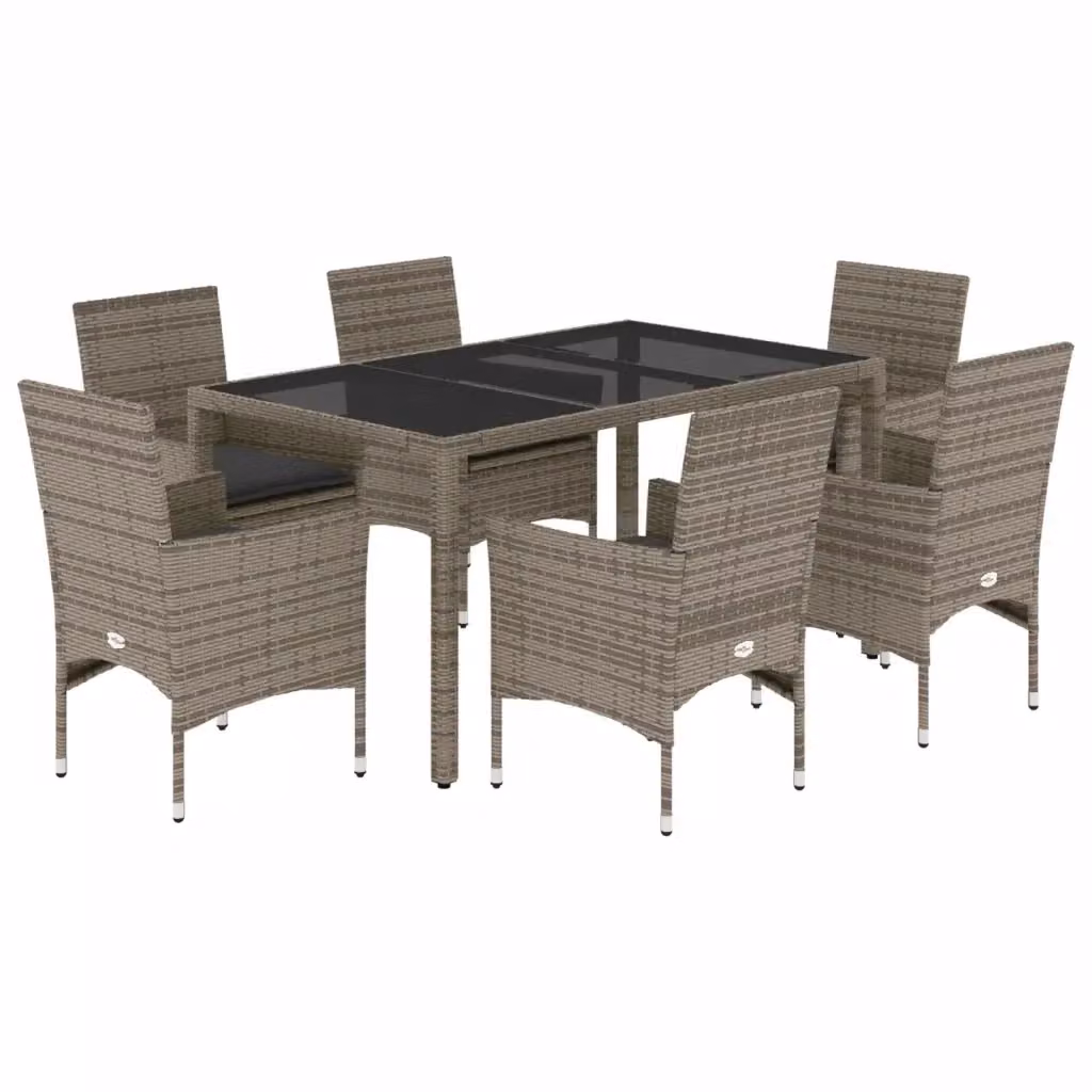 vidaXL Set da Pranzo da Giardino 7 pz in Polyrattan Grigio con Vetro e Cuscini – 2
