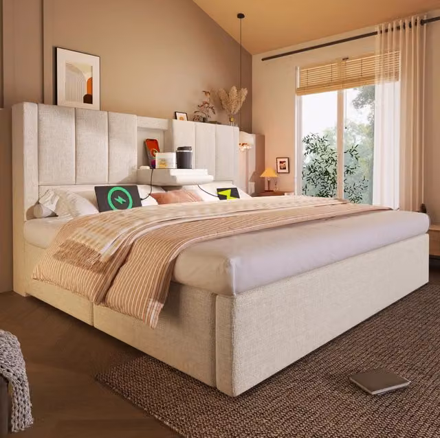 Letto matrimoniale 180x200 cm; con porta USB e portabicchieri; lino beige (Senza materasso)